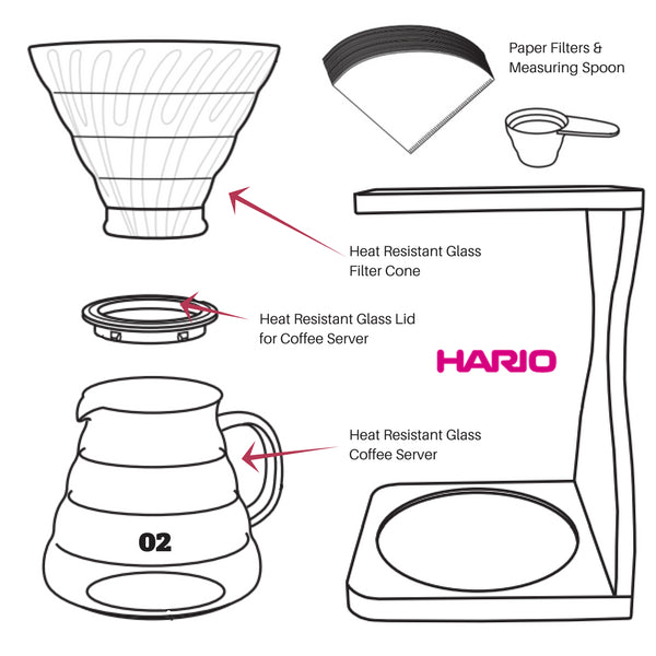 Hario V60 Olive Wood Stand & Heat Resistant Glass Coffee Server 02 Set