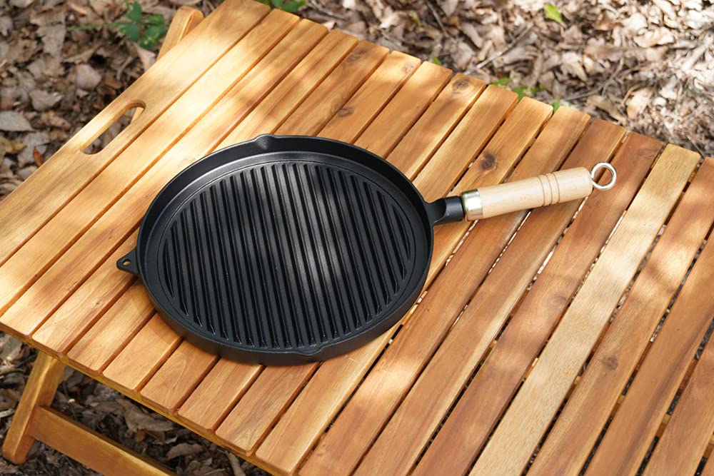 Ikenaga Iron Works Tekko Grill Pan Cast Iron Ih Gas Fire 26.4 Cm Japanese Wooden Handle For Outdoor Meat Steak Grilling
