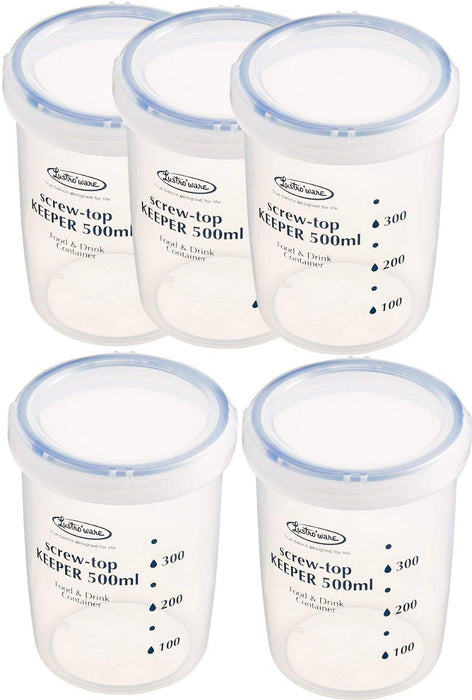 Iwasaki Industry 500L Antibacterial Round Storage Container Set Of 5 - Japan Screw Top Keeper Deep Clear Lsx312