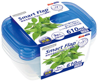 Iwasaki Industry Japan Microwave Storage Container Antibacterial Smart Flap Square 610Ml 3Pcs Baa-041