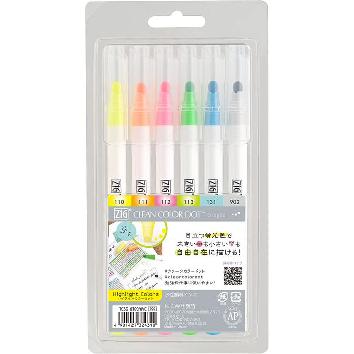 Kuretake Japan Water-Based Pen Zig Clean Color Dot Highlight Set Tcsd-6100/6Vc