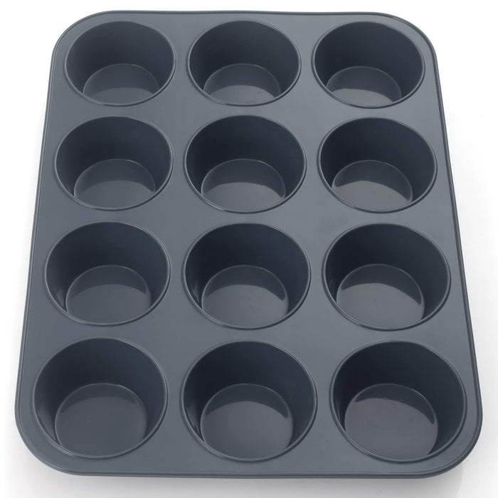 Super Kitchen 12-Cavity Large Non-Stick Silicone Muffin Mold Pan - Easy To Clean Gray - Japan