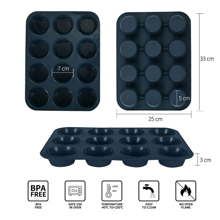 Super Kitchen 12-Cavity Large Non-Stick Silicone Muffin Mold Pan - Easy To Clean Gray - Japan