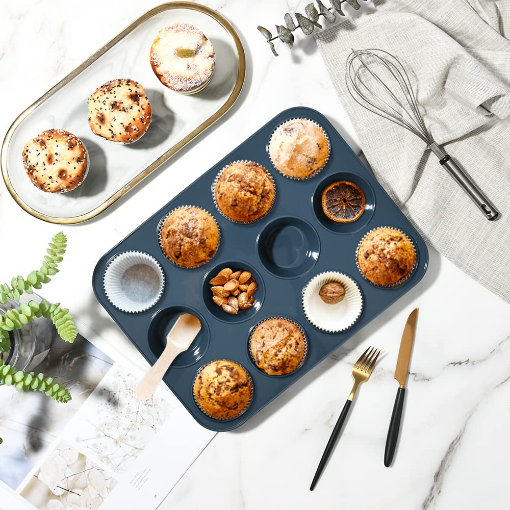 Super Kitchen 12-Cavity Large Non-Stick Silicone Muffin Mold Pan - Easy To Clean Gray - Japan