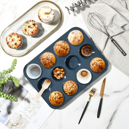 Super Kitchen 12-Cavity Large Non-Stick Silicone Muffin Mold Pan - Easy To Clean Gray - Japan