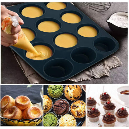 Super Kitchen 12-Cavity Large Non-Stick Silicone Muffin Mold Pan - Easy To Clean Gray - Japan