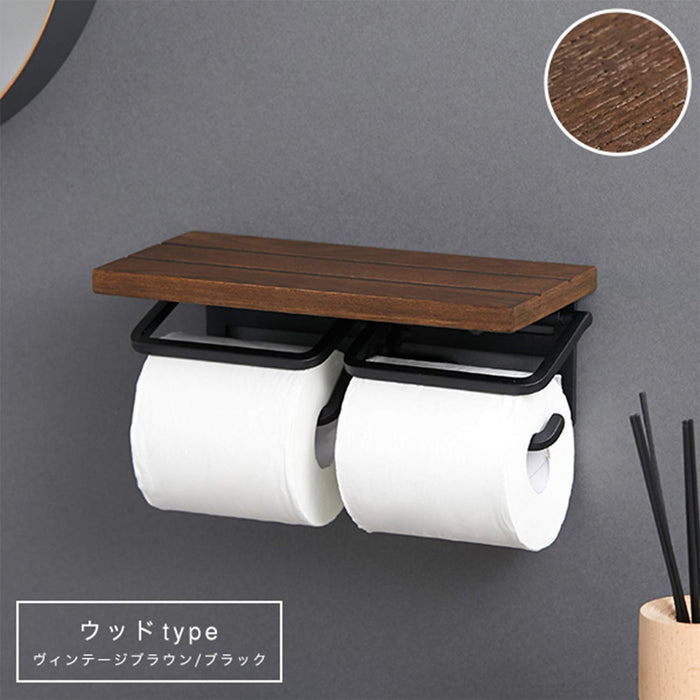 Lowya Toilet Paper Holder Iron Shelf Wooden Double 2 Rows Twin Type Vintage Brown Japan
