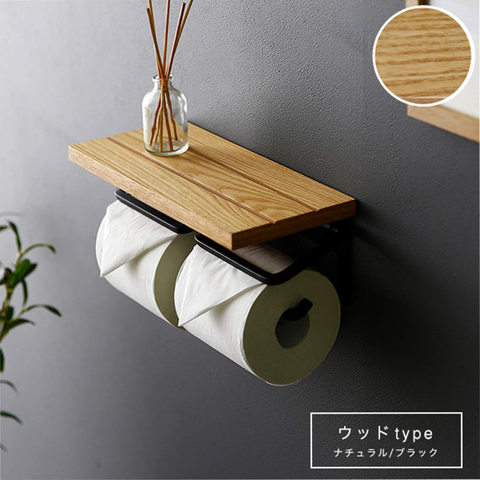 Lowya Toilet Paper Holder Iron Shelf Wooden Double 2 Strands Twin Type Natural Japan