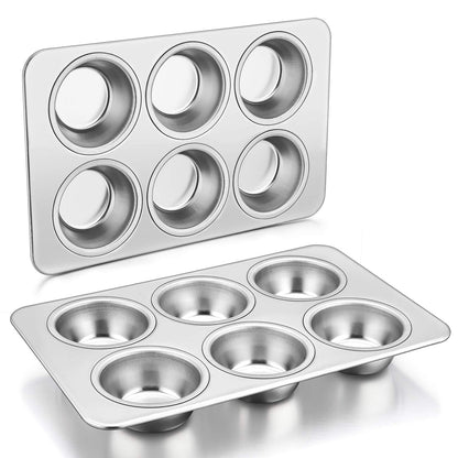 P&P Chef Stainless Steel Muffin Pan Cupcake Pan Set Of 2 (6 Cups) Japan | Quick Release Easy Clean Dishwasher Safe