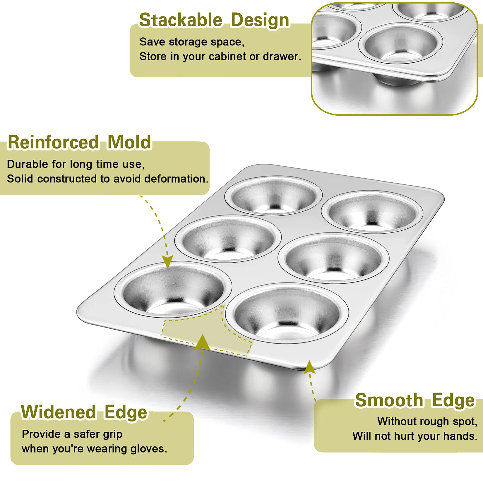 P&P Chef Stainless Steel Muffin Pan Cupcake Pan Set Of 2 (6 Cups) Japan | Quick Release Easy Clean Dishwasher Safe