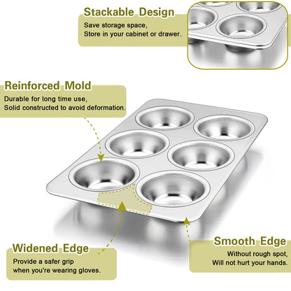 P&P Chef Stainless Steel Muffin Pan Cupcake Pan Set Of 2 (6 Cups) Japan | Quick Release Easy Clean Dishwasher Safe