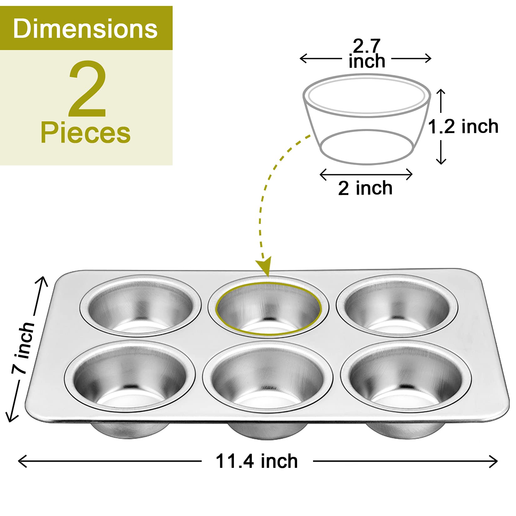 P&P Chef Stainless Steel Muffin Pan Cupcake Pan Set Of 2 (6 Cups) Japan | Quick Release Easy Clean Dishwasher Safe