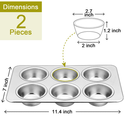 P&P Chef Stainless Steel Muffin Pan Cupcake Pan Set Of 2 (6 Cups) Japan | Quick Release Easy Clean Dishwasher Safe
