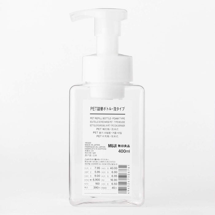Muji Clear 400Ml Foam Type Pet Refill Bottle - Made in Japan