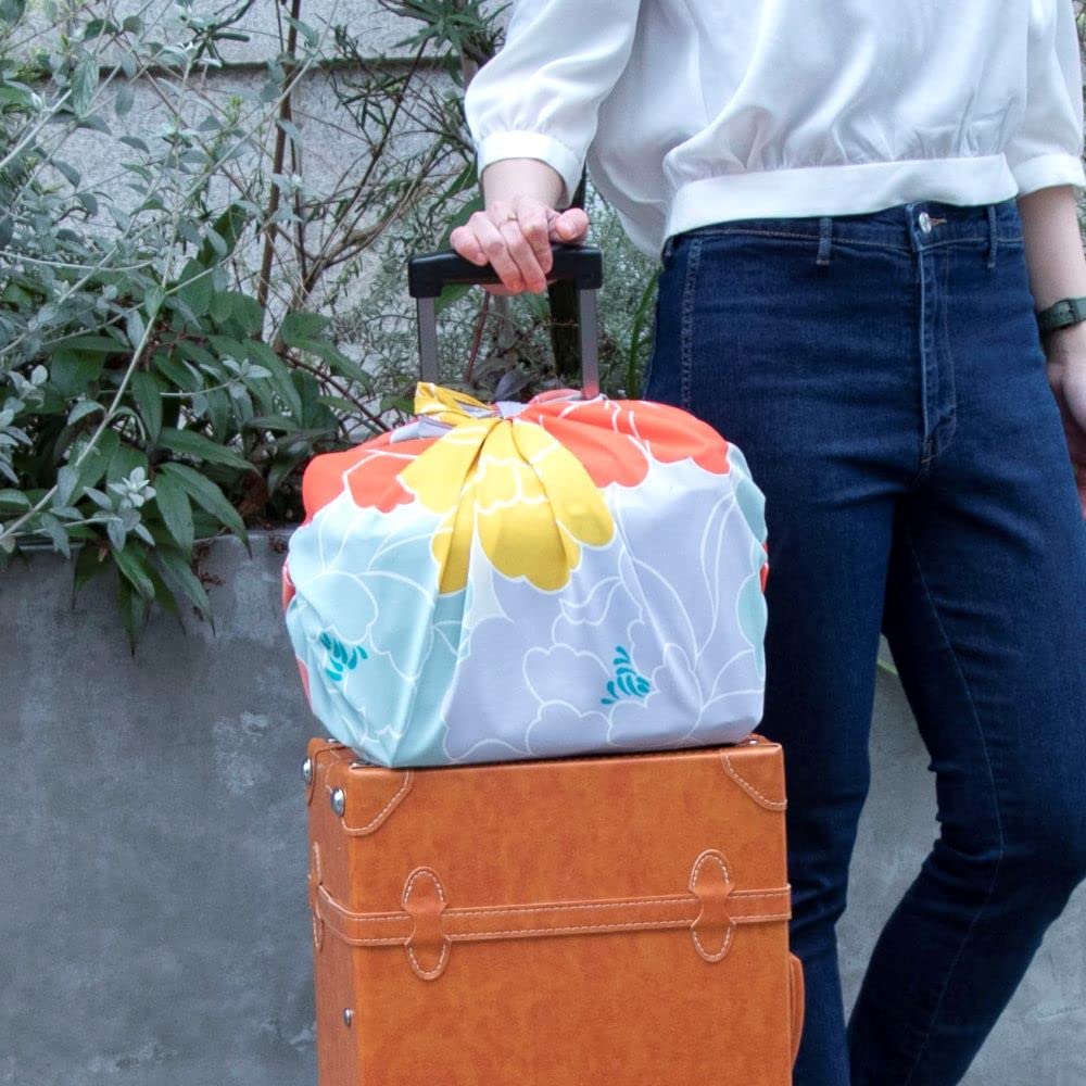 Musubi Furoshiki 100Cm Japanese Hime Musubi Aqua Drop Adeline Klam Peony Orange Polyester Water Repellent