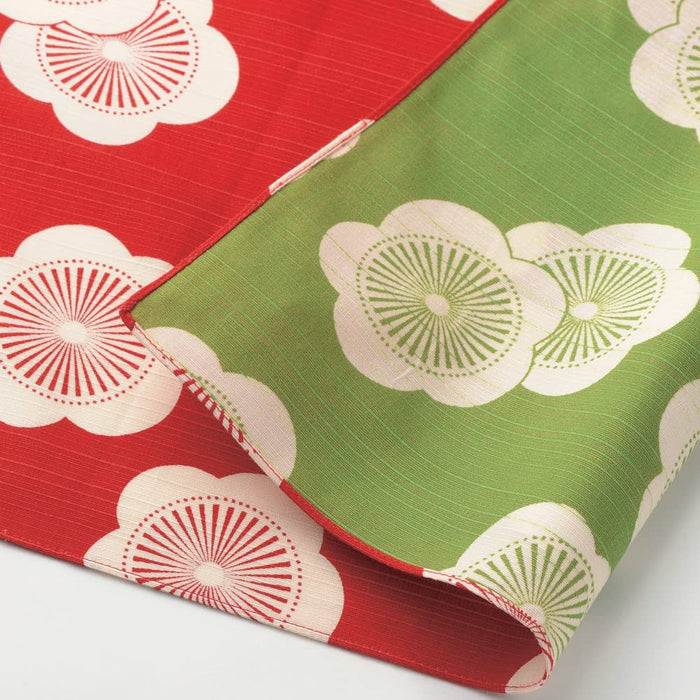 Musubi Furoshiki 3-Way Isa Pattern Plum Red Green Cotton Japan 104Cm
