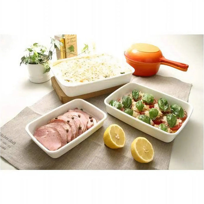 Noda Horo White Series Enamel Rectangle Shallow Food Containers With Lid Medium