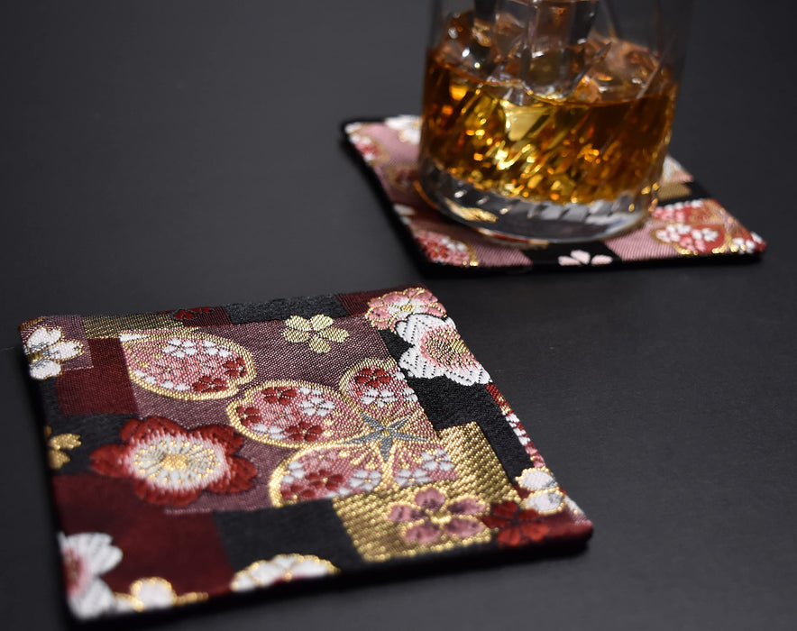 Shinsendo Japanese Style Kimono Coaster Set Of 5 (Red Cherry Blossom) - Perfect Gift In Gold Brocade Box