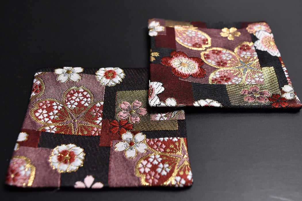 Shinsendo 日式和服杯墊 5 件套（紅櫻花）- 金色織錦盒的完美禮物