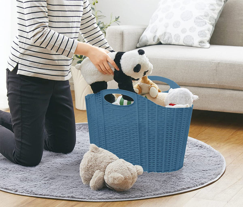 Seiei Japan Foldable Laundry Basket Rattan Style Blue Hamper Bag Folding Compact Storage 55X38X39Cm 120413