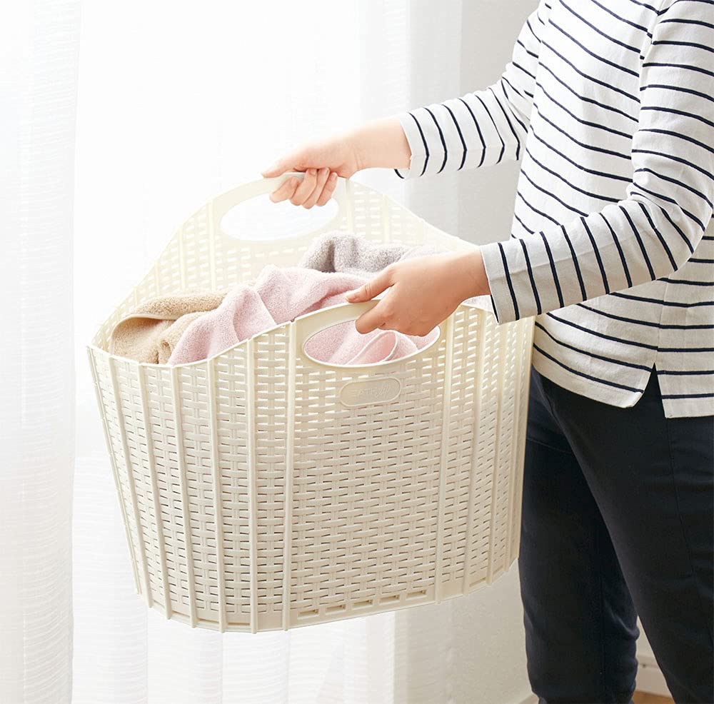 Seiei Rattan Style Ivory Folding Laundry Basket Hamper Bag - Compact Storage 55X38X39Cm - Japan