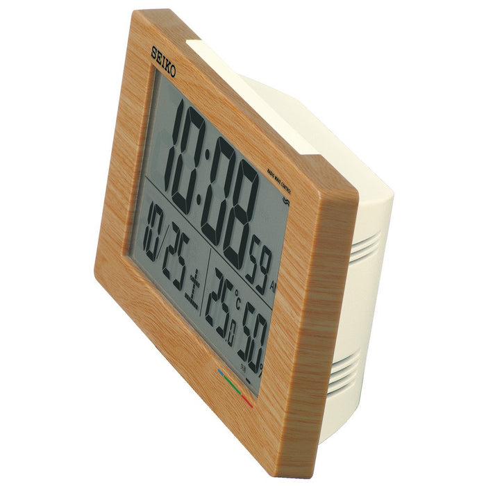 Seiko Clock Alarm Table Clock Japan Radio Wave Digital Calendar Comfort Temp Humidity Display Light Brown Wood Grain Sq784A