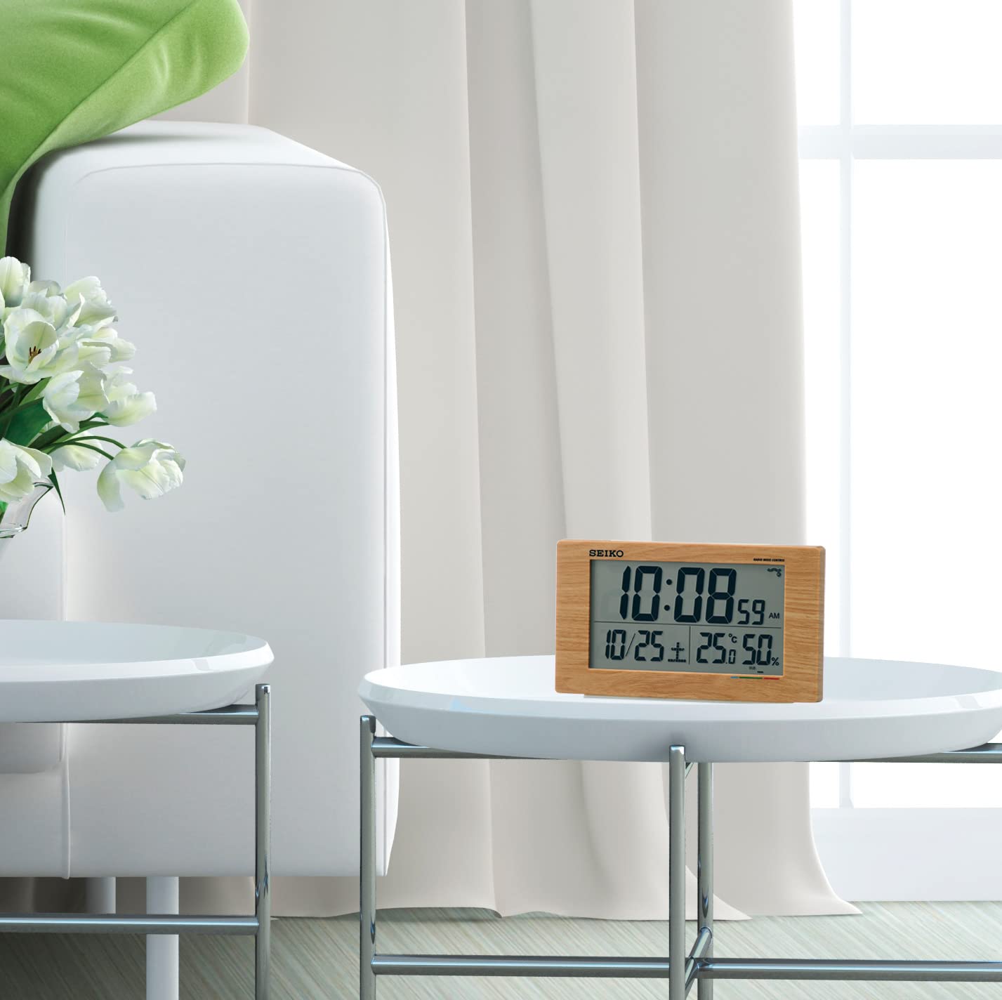 Seiko Clock Alarm Table Clock Japan Radio Wave Digital Calendar Comfort Temp Humidity Display Light Brown Wood Grain Sq784A