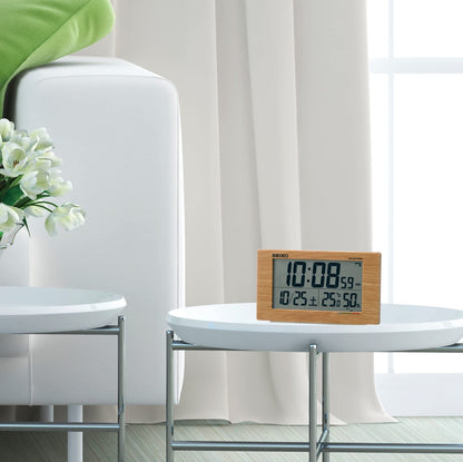 Seiko Clock Alarm Table Clock Japan Radio Wave Digital Calendar Comfort Temp Humidity Display Light Brown Wood Grain Sq784A