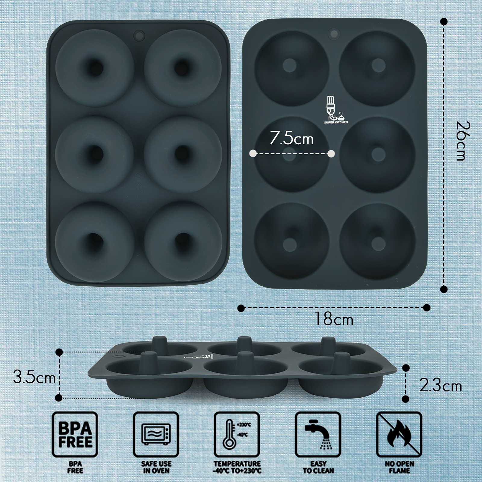 Super Kitchen Donut Mold Silicone Cake Molds 6 Pcs Heat Resistant Non-Stick Easy To Clean - Japan (1 Piece Dark Gray)”