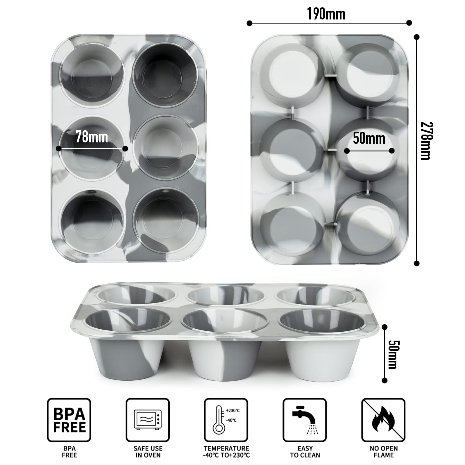 Super Kitchen 6-Cavity Silicone Muffin Mold Plate Non-Stick Cupcake Pan Donut Mixed Gray Japan