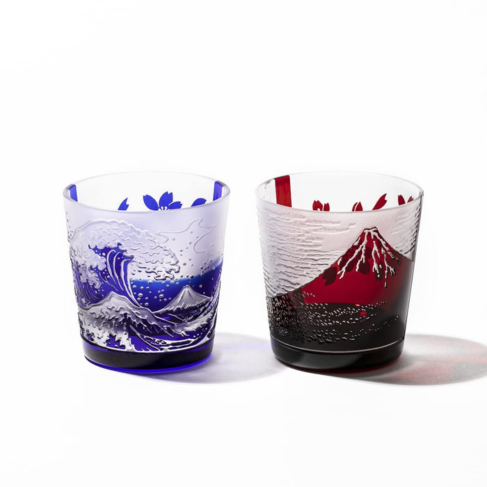 Taburō Koubou Edo Glass Red Fuji Nami Fuji Sakura Cup Pair Japan Tb022-204R_206B Cosmetic Box