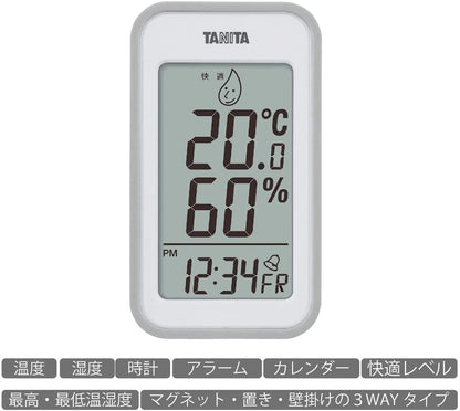 Tanita Japan Thermo-Hygrometer Clock Calendar Alarm Digital Wall Mounted Desktop Magnet Gray Tt-559Gy