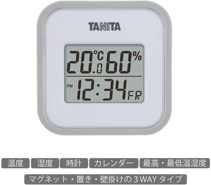 Tanita Tt-558Gy Digital Wall Mounted Thermo-Hygrometer Clock Calendar Japan (Includes Battery) - Temperature & Humidity Monitor