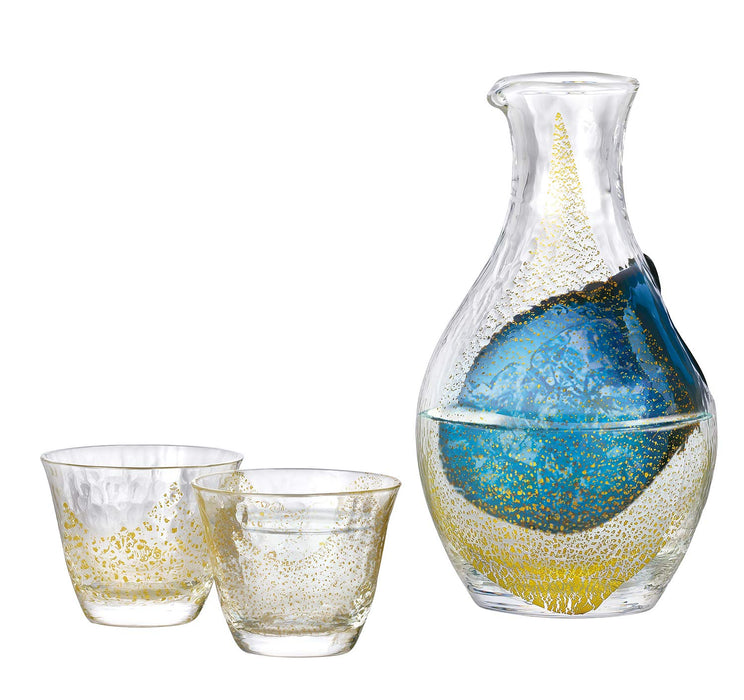 Toyo Sasaki Glass Gold Leaf Cold Sake Set Made In Japan - Carafe 300Ml Glasses 80Ml (3Pcs) G640-M60