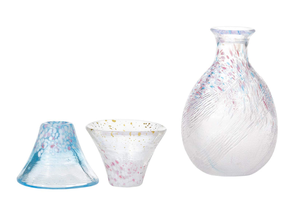 Toyo Sasaki Glass Sake Set Japan - 3-Piece Good Luck Cup Sakurafuji Set W/ Pink & Blue Sake Bottle