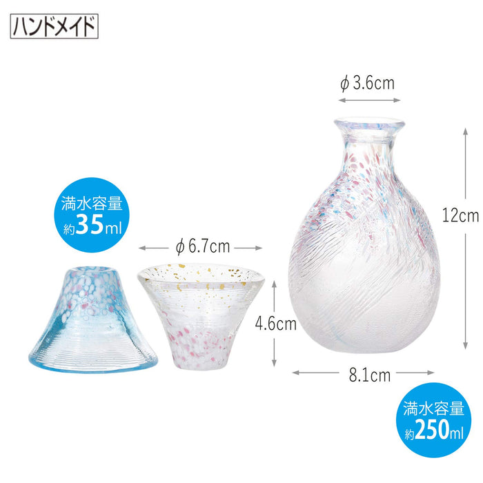 Toyo Sasaki Glass Sake Set Japan - 3-Piece Good Luck Cup Sakurafuji Set W/ Pink & Blue Sake Bottle