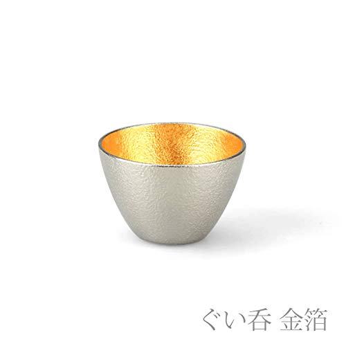 Teshigoto Club 2 件裝清酒杯，用能作日本紙包裝，錫和金色泡桐盒 - 日本