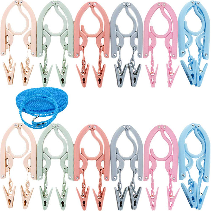 Yoooo Travel Hanger Set - Portable Foldable Lightweight - 12 Pcs 1 Laundry Rope 24 Pinches 6 Colors - For Travel Business Trips Laundry Drying - Japan